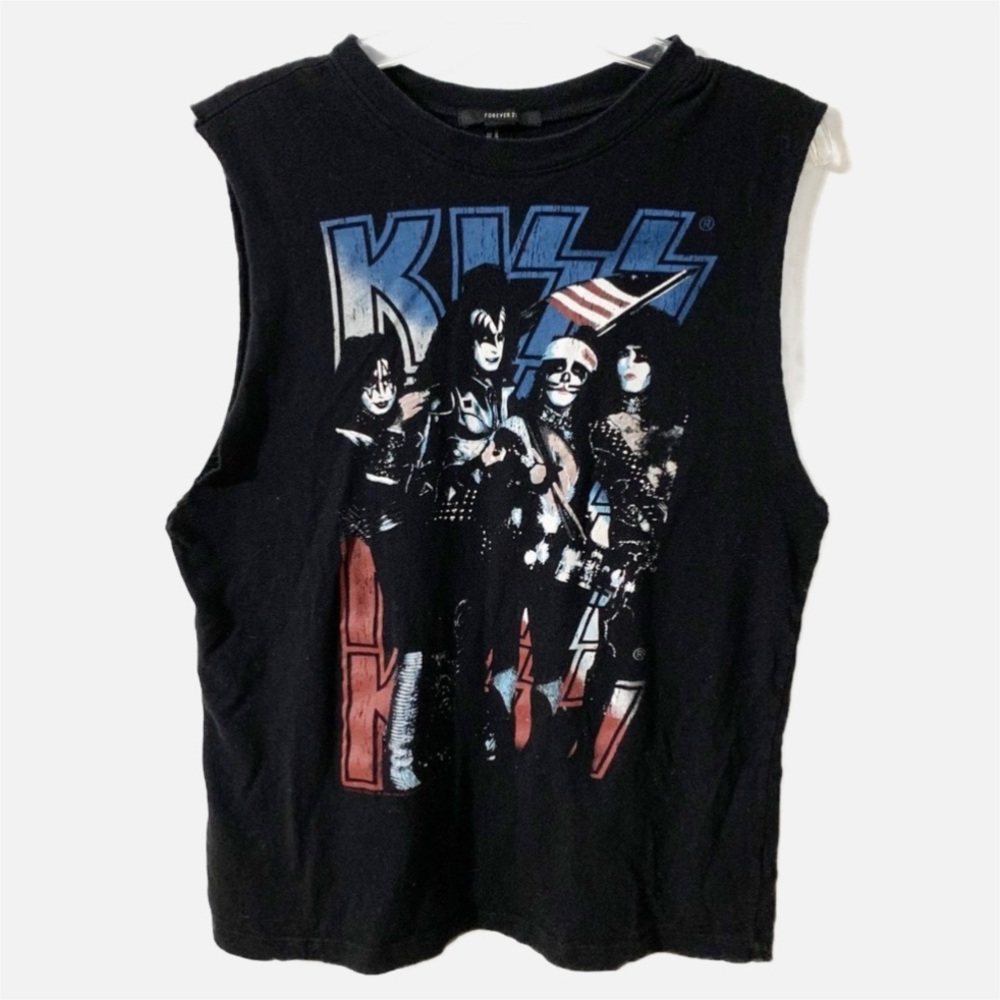 Forever 21 KISS Band Sleeveless Tee Shirt Tank Raw Hem at Arm KISS Band Graohic